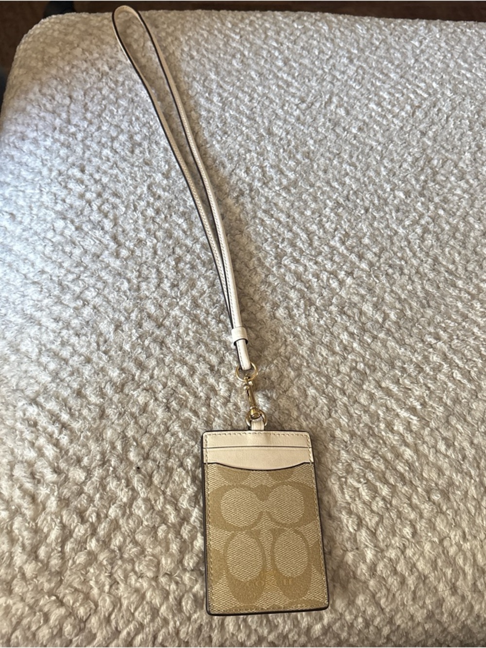 Coach Beige Signature Canvas Card Holder Wristlet with Cream Leather Trim